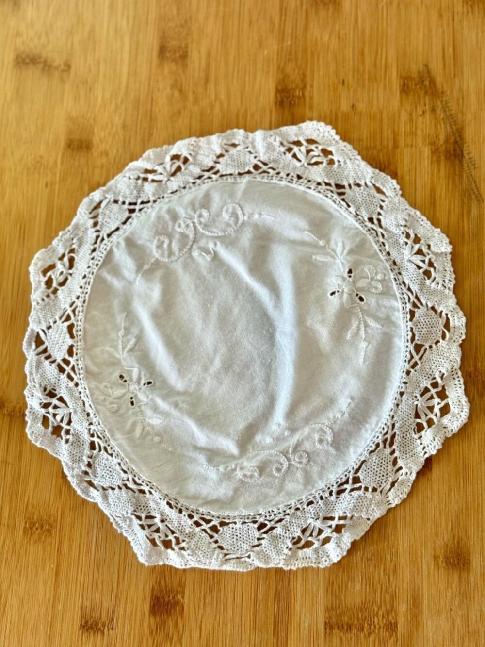 Vintage Mid Century Cotton Round Doily With Lace And Embroidery Details